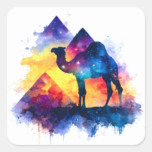 Cosmic Starry Night Egyptian Camel Landschaft Quadratischer Aufkleber (Vorderseite)
