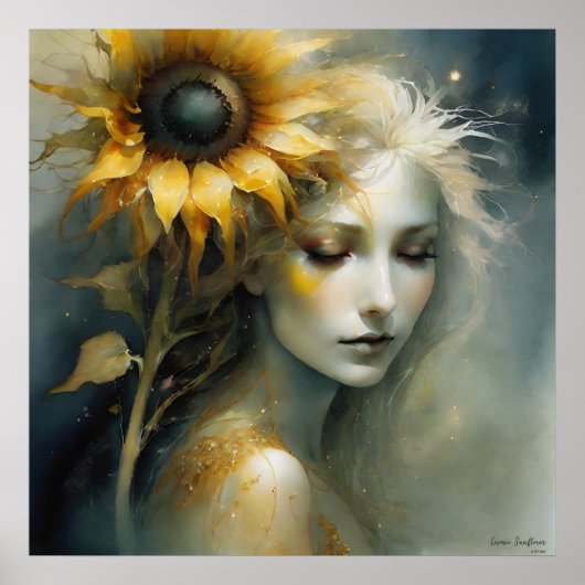 Cosmic Sunflower AI Fantasy Digital Art Print Poster (Vorne)