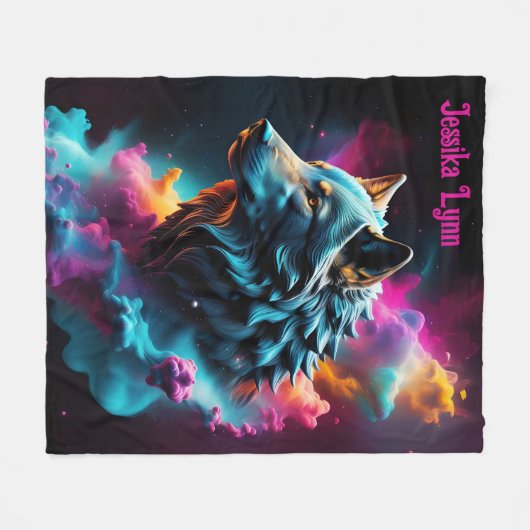 Cosmic Surreal Fantasy Wolf Custom Abstrakt Art Fleecedecke (Vorderseite (Horizontal))