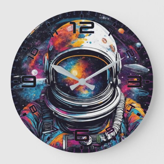 Cosmic Voyager Astronaut Nebula Wall Clock Große Wanduhr (Vorderseite)