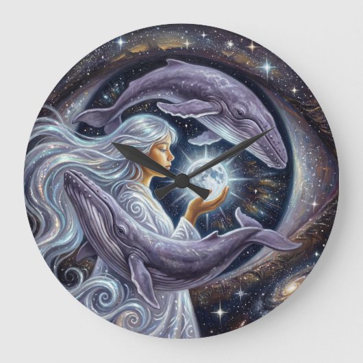 Cosmic Whale and the Girl | Surreal Wall Clock Große Wanduhr (Vorderseite)