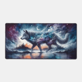Cosmic Wolf Beneath Moonlit Skies Schreibtischunterlage