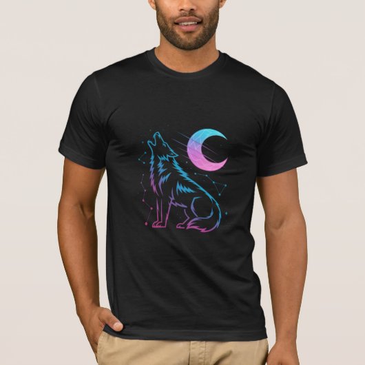 Cosmic Wolf Howl – Neon Moon and Stars T-Shirt (Vorderseite)