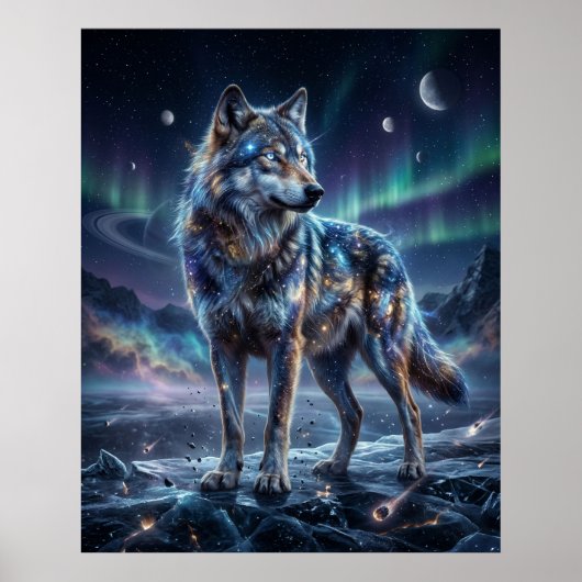 Cosmic Wolf Under Aurora Sky Poster (Vorne)
