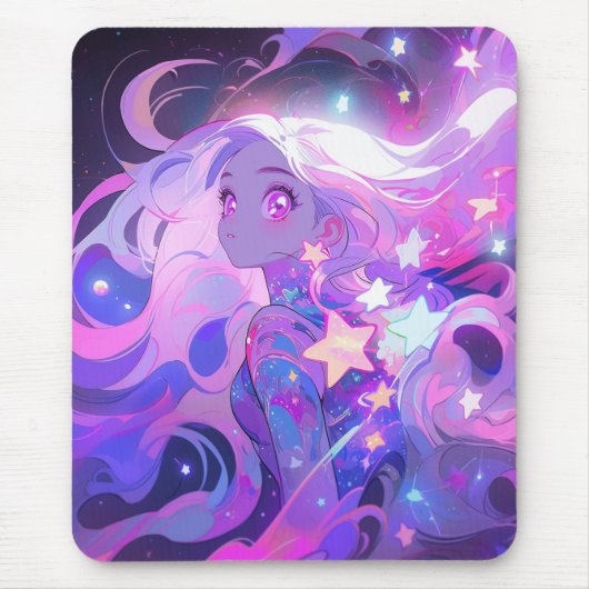 Cosmisches Rosa und Lila Anime-Girl Mousepad (Vorne)