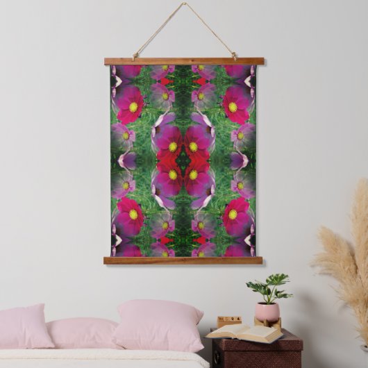 Cosmos Flowers Abstract Nature Pattern Wandteppich Mit Holzrahmen (Schlafzimmer)