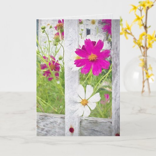 Cosmos Garden and Fence denken an Sie Karte (Gelbe Blume)