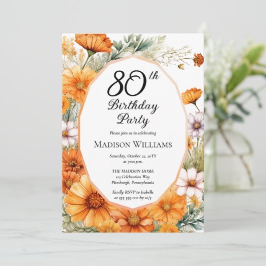 Cosmos | Marigolds Floral 80th Birthday Party Einladung (Stehend Vorderseite)