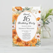 Cosmos | Marigolds Floral Sweet 16 Birthday Party Einladung (Stehend Vorderseite)