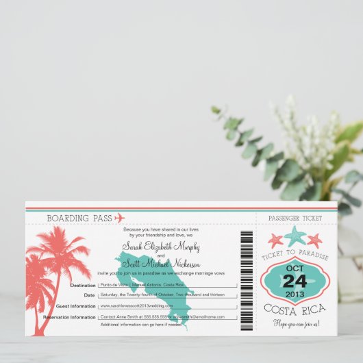 Costa Rica Boarding Pass Wedding Einladung (Stehend Vorderseite)