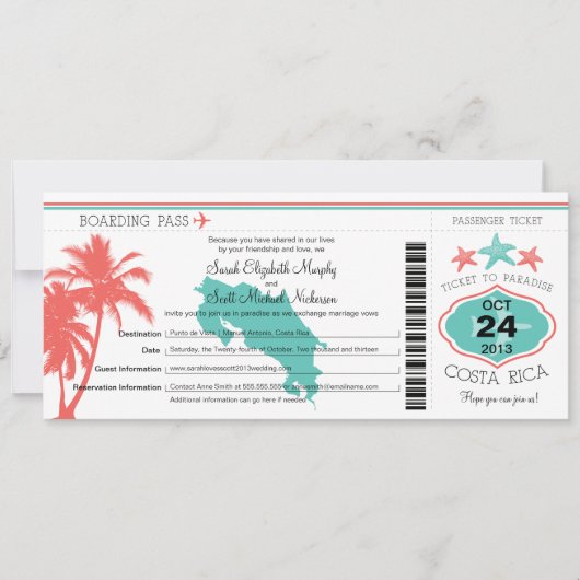 Costa Rica Boarding Pass Wedding Einladung (Vorderseite)