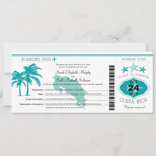 Costa Rica Boarding Pass Wedding Einladung (Vorderseite)