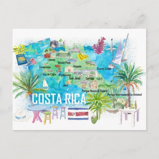 Costa Rica Illustrierte Reisekarte mit Straßen Postkarte (Vorderseite)