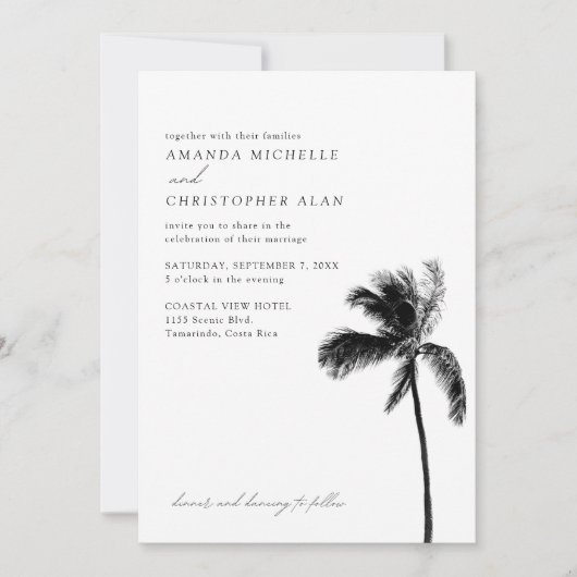 Costa Rica Wedding Black & White Palm Tree Elegant Einladung (Vorderseite)