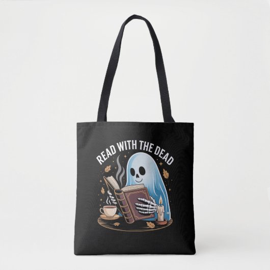 Cosy Bookween Ghost Skeleton Reading Tasche (Vorderseite)