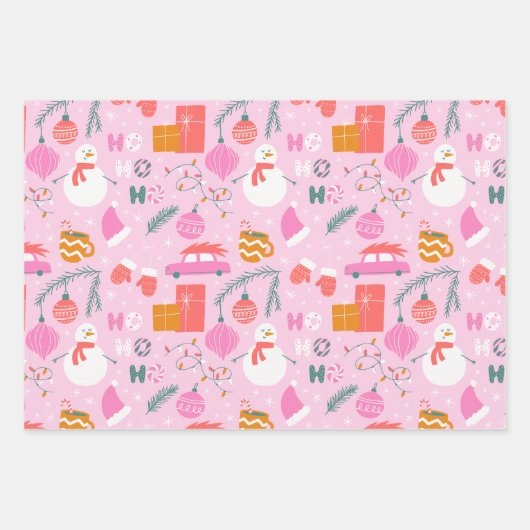 Cosy Bright Pink Snowman Weihnachten Geschenkpapier Set (Vorderseite)