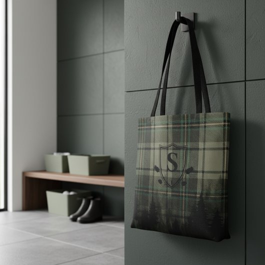 Cosy Cabin Kariert Pine Tree Silhouetten Monogramm Tasche