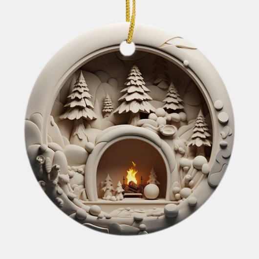 Cosy Cabin Weihnachts-Feuerplatz Keramik Ornament (Vorne)