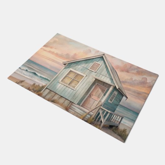 Cosy Coastal Hütte Beach House Wasserfarbe Fußmatte (Schrägansicht)