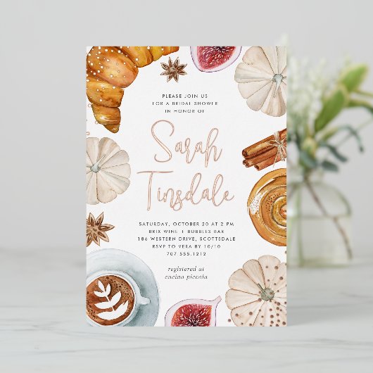 Cosy Fall Brautparty Brunch Rose Gold Folieneinladung (Stehend vorne)