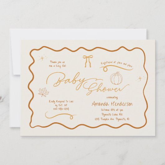 Cosy Fall Retro Sketch Babydusche Einladung (Vorderseite)