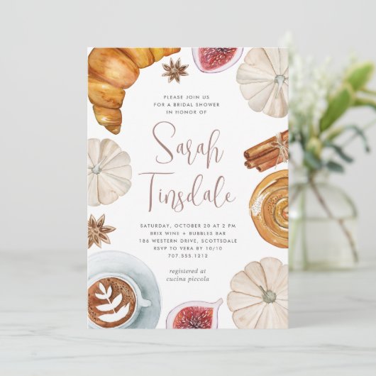 Cosy Fall White Pumpkin & Pastries Brautparty Einladung (Stehend Vorderseite)