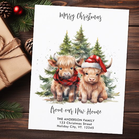 Cosy Highland Cow New Address Christmas Moving Postkarte