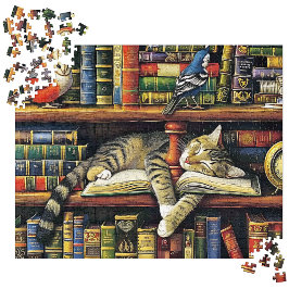 Cosy Multicolored Realistic Library Cat Scene Puzzle