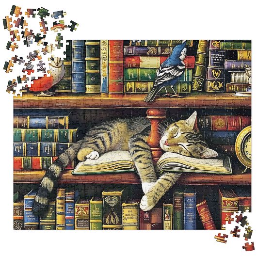 Cosy Multicolored Realistic Library Cat Scene Puzzle