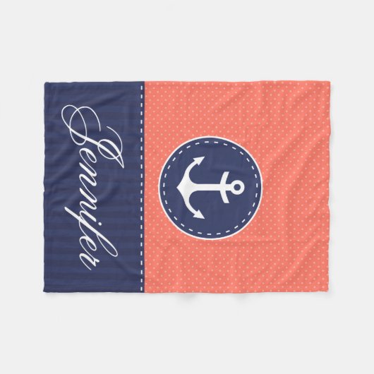 Cosy Nautical Coral Blue Anchor Custom Text Fleecedecke (Vorderseite (Horizontal))