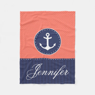 Cosy Nautical Coral Blue Anchor Custom Text Fleecedecke