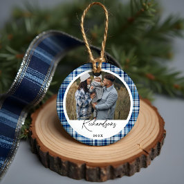Cosy Navy und Blue Karierte Stoff Familie Foto Keramik Ornament