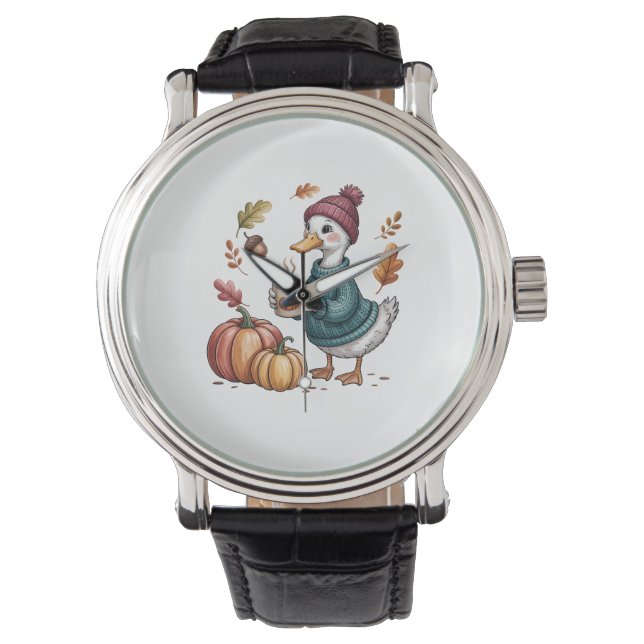 Cosy Pumpkin Coffee Goose Fall Art Armbanduhr (Vorderseite)