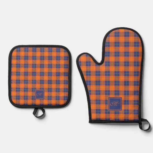 Cosy Pumpkin Orange Blue Tartan Kariert Mit Monogr Ofenhandschuh & Topflappen-Set (Vorderseite)