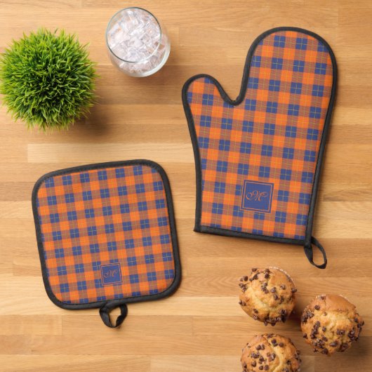 Cosy Pumpkin Orange Blue Tartan Kariert Mit Monogr Ofenhandschuh & Topflappen-Set (Oben Unten)