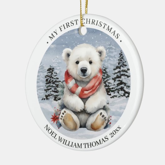 Cosy Red Scarf Polar Bear Baby's First Christmas Keramik Ornament (Links)