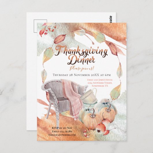 Cosy Watercolor Pumpkin Stuhl Leaf Erntedank Postkarte (Vorne/Hinten)