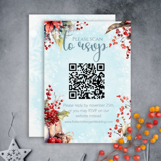 Cosy Winter Rowan Beerenbouquet QR Code Wedding RSVP Karte