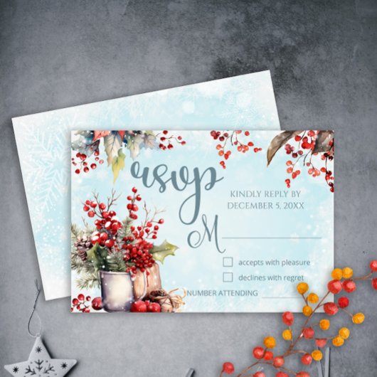 Cosy Winter Rowan Beerenbouquet Wedding RSVP Karte