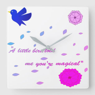 "Cotattcore Floral Clock - Lila Vogel & rosa Flush Quadratische Wanduhr