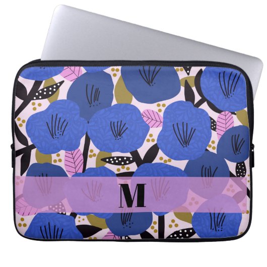 Cotattecore Blaues Blumenmuster Monogramm Laptopschutzhülle (Vorderseite)