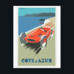 Cote D Azur Vintage Travel Poster Postkarte<br><div class="desc">Helle Postkarte eines klassischen Vintage Reiseplakats für die Côte d Azur mit einem knallroten Rennwagen,  wie man sie auf den Straßen von Monaco sehen kann.</div>