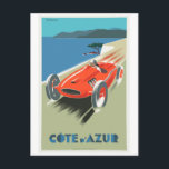 Cote D Azur Vintage Travel Poster Postkarte<br><div class="desc">Helle Postkarte eines klassischen Vintage Reiseplakats für die Côte d Azur mit einem knallroten Rennwagen,  wie man sie auf den Straßen von Monaco sehen kann.</div>