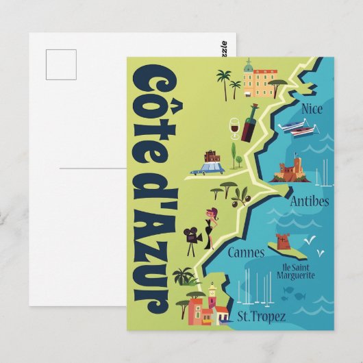 Cote d'Azur illustrierte Karte (Vorne/Hinten)