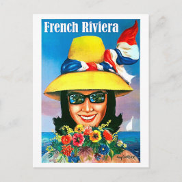 Côte d'Azur, Sonnenbrille Frau mit gelbem Hut Postkarte