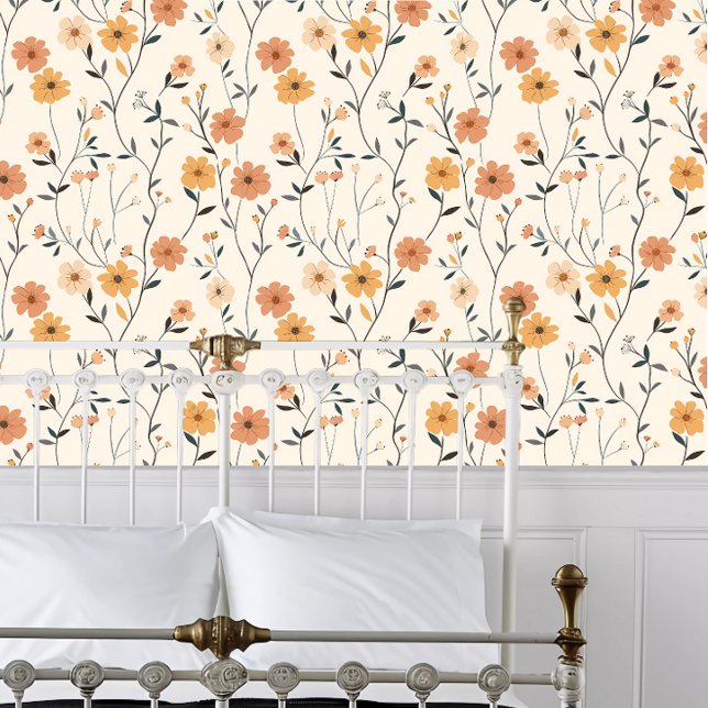 Cotgesscore Korallenflora Tapete (Cottagecore Pink Floral Wallpaper behind a white metal bed frame. )