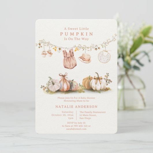 Cotgingcore Kleine Pumpkin Clothesline Babydusche Einladung (Stehend Vorderseite)