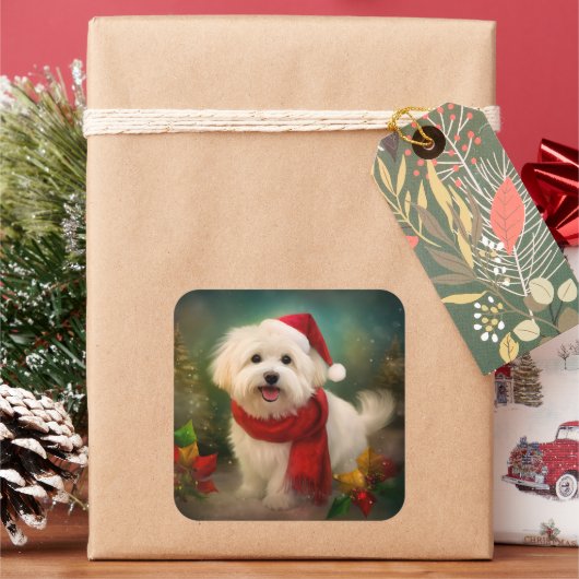 Coton De Tulear Dog in Schnee Weihnachten Quadratischer Aufkleber (Feiertag)