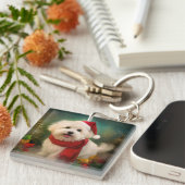 Coton De Tulear Dog in Schnee Weihnachten Schlüsselanhänger (Vorderseite rechts)