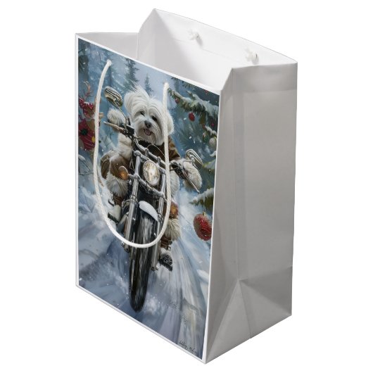 Coton De Tulear Dog Riding Motorrad Weihnachten Mittlere Geschenktüte (Rückseite Schrägansicht)